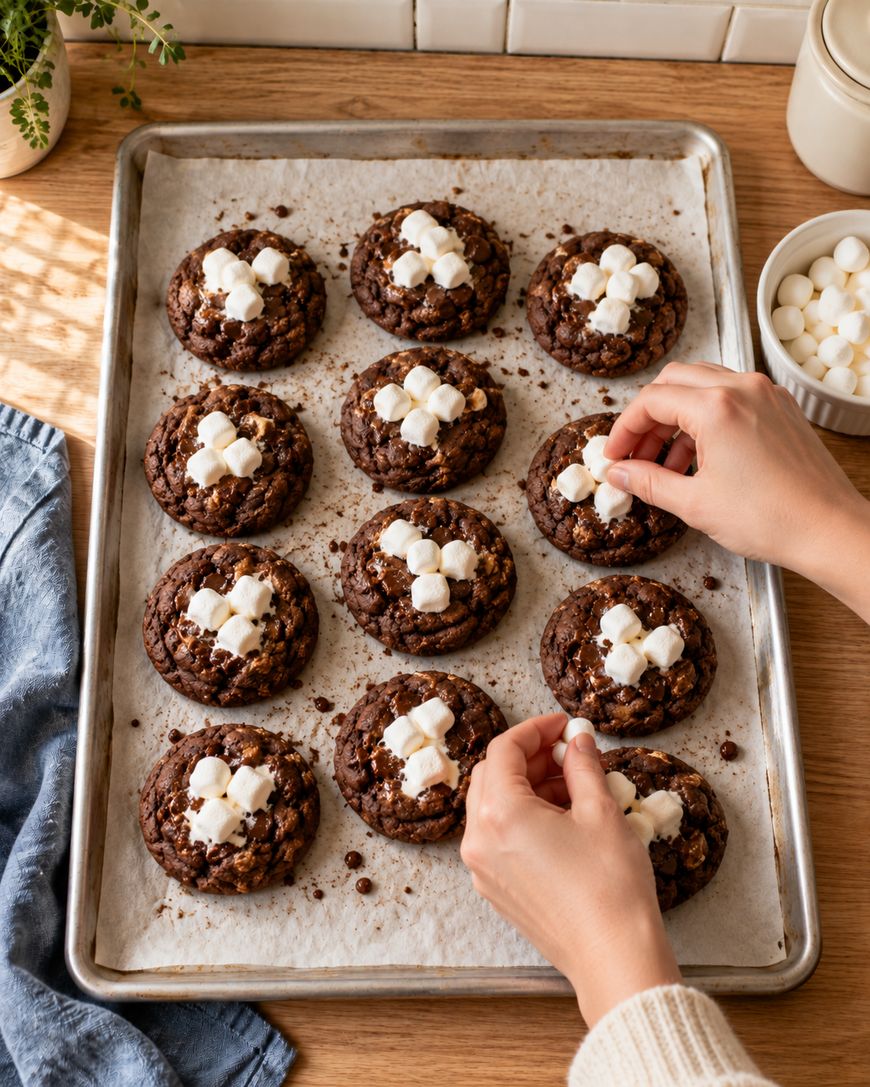 Hands placing mini marshmallows onto chocolate cookies arranged on a parchment-lined baking sheet.