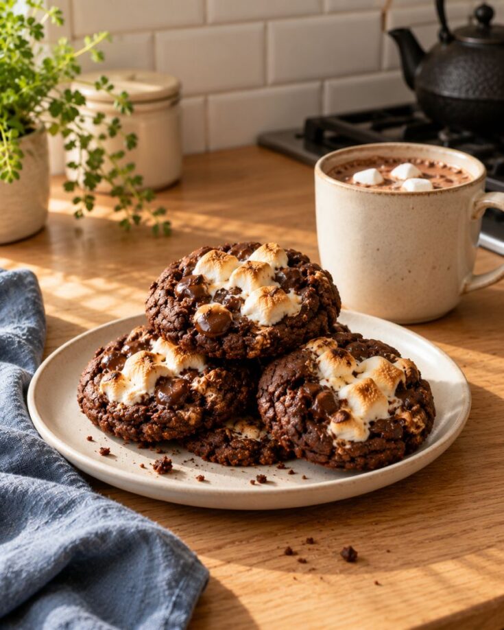 A plate of three chocolate smores cookies topped with toasted marshmallows, next to a mug of hot cocoa with marshmallows.