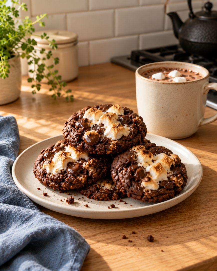 A plate of three chocolate smores cookies topped with toasted marshmallows, next to a mug of hot cocoa with marshmallows.