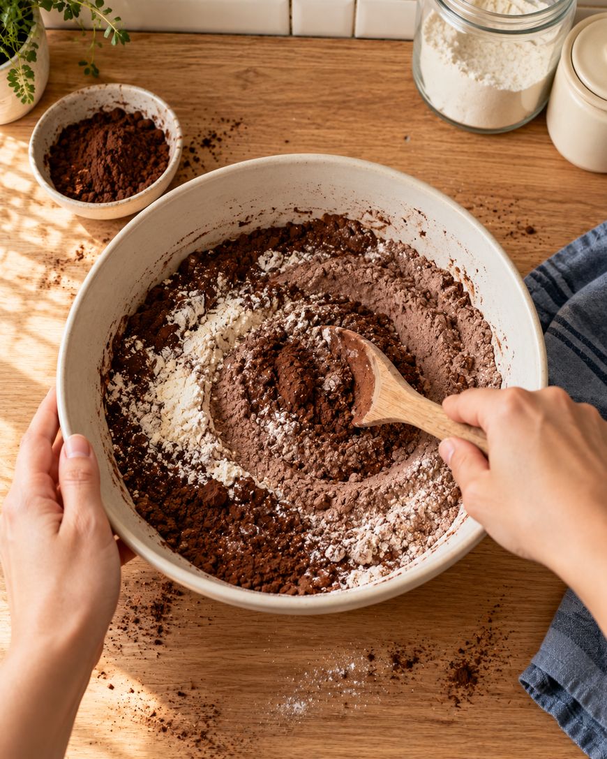 A person stirs a mixture of cocoa powder and flour in a white bowl with a wooden spoon.