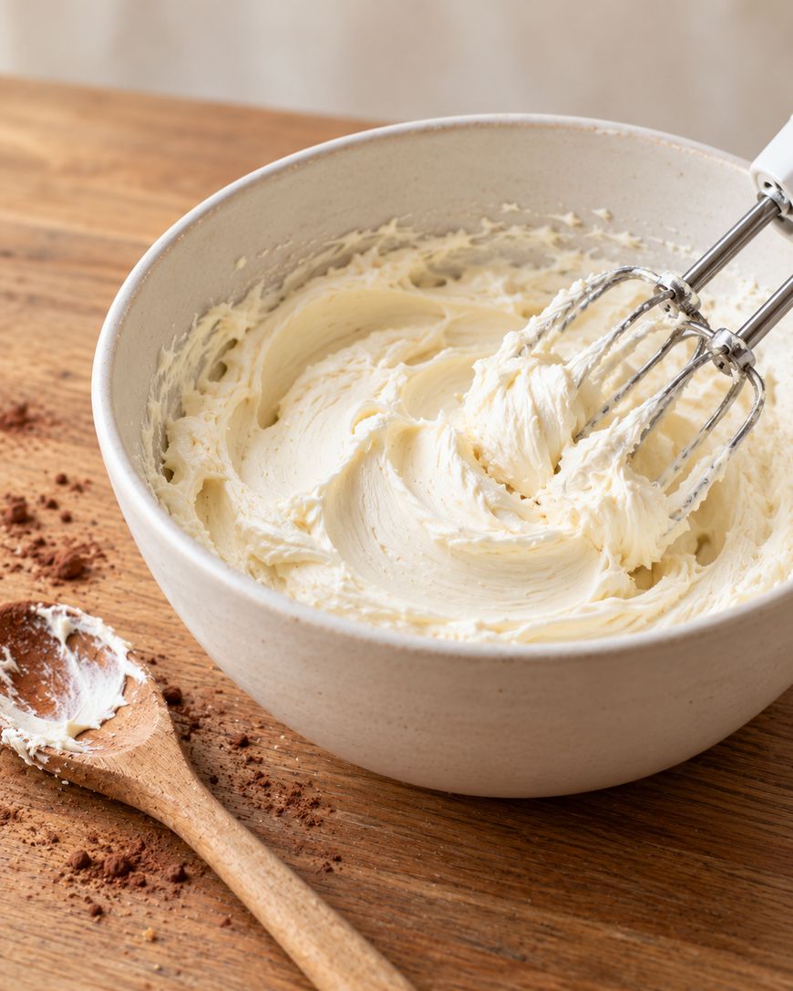 Electric hand mixer blending white frosting in a ceramic bowl, with a wooden spoon and cocoa powder on the table nearby.