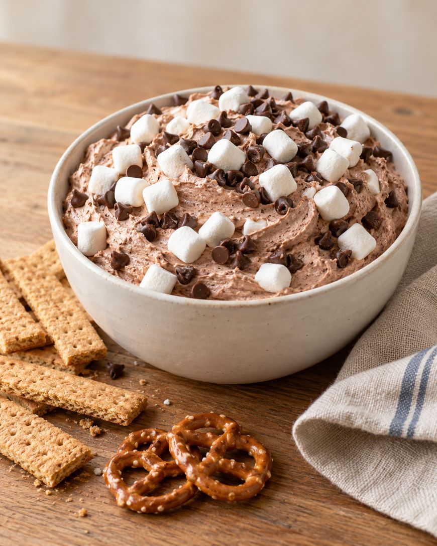 A bowl of chocolate dip topped with mini marshmallows and chocolate chips, served with graham crackers and pretzels.