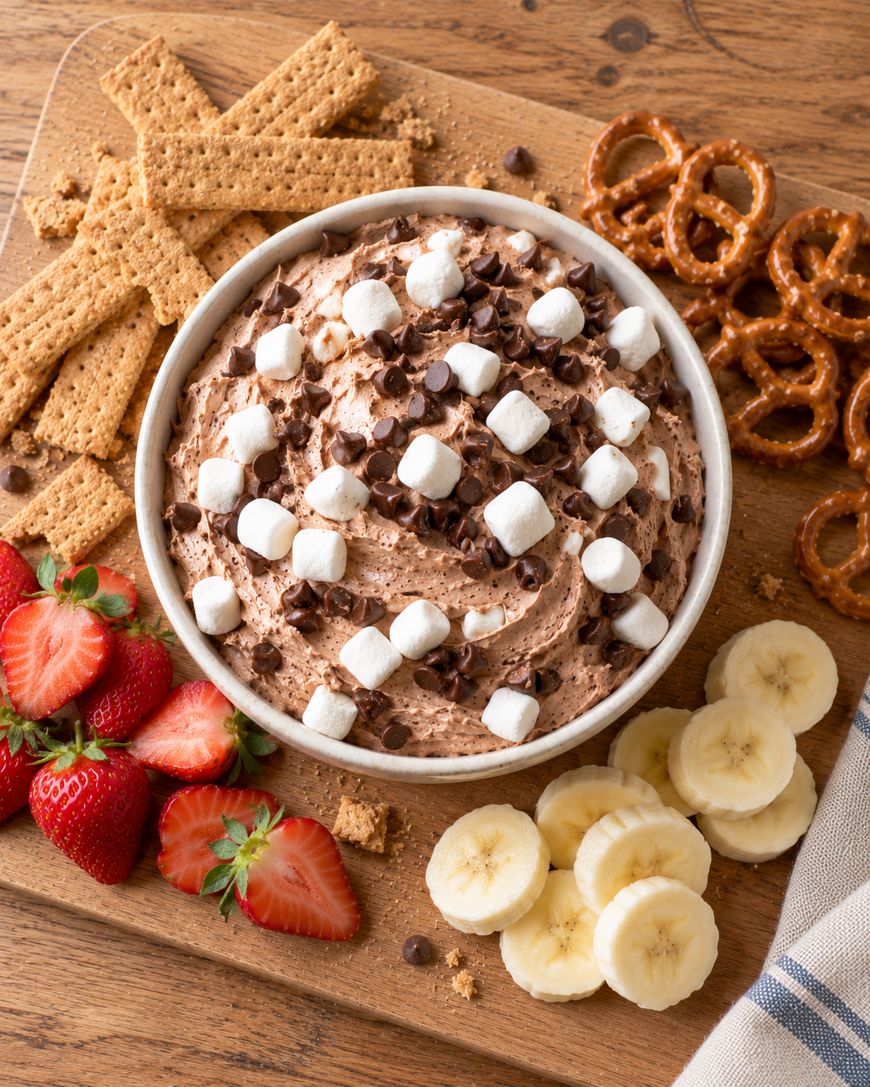 A bowl of chocolate dip topped with mini marshmallows and chocolate chips, served with graham crackers, pretzels, strawberries, and banana slices on a wooden board.