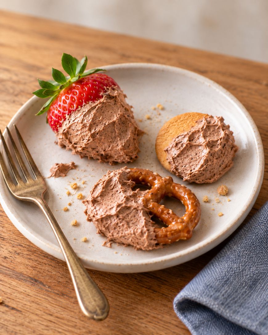 A small plate holding a strawberry, a round cookie, and a pretzel, each dipped in chocolate mousse, with a fork to the side.
