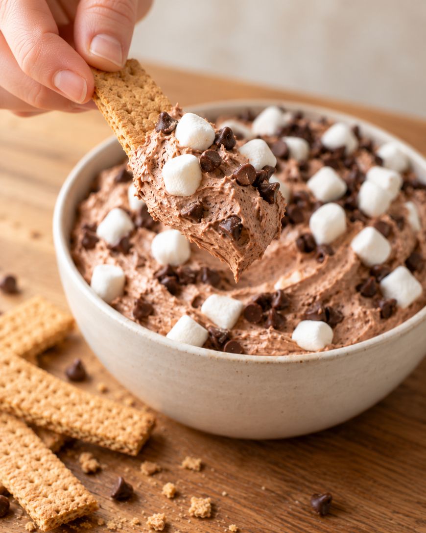A hand holds a graham cracker dipping into a bowl of chocolate dip topped with mini marshmallows and chocolate chips.