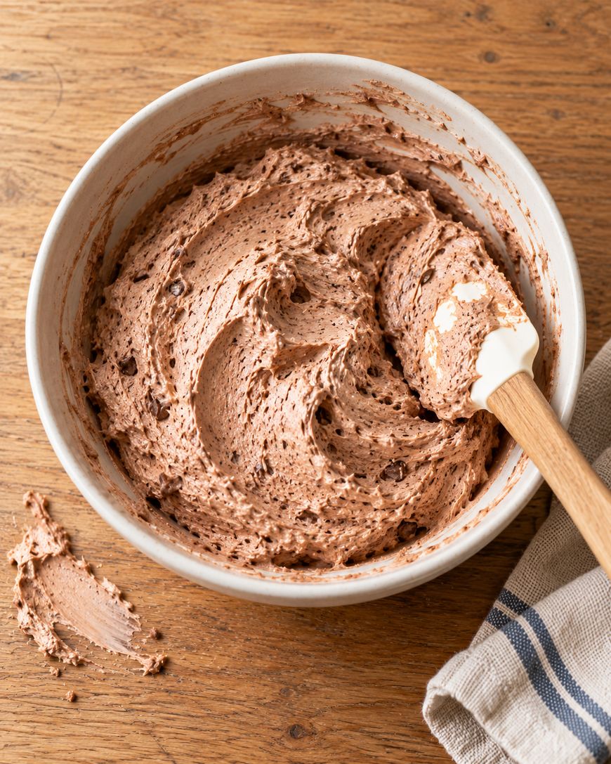 A white bowl filled with chocolate buttercream frosting and a wooden spatula, resting on a wooden surface.