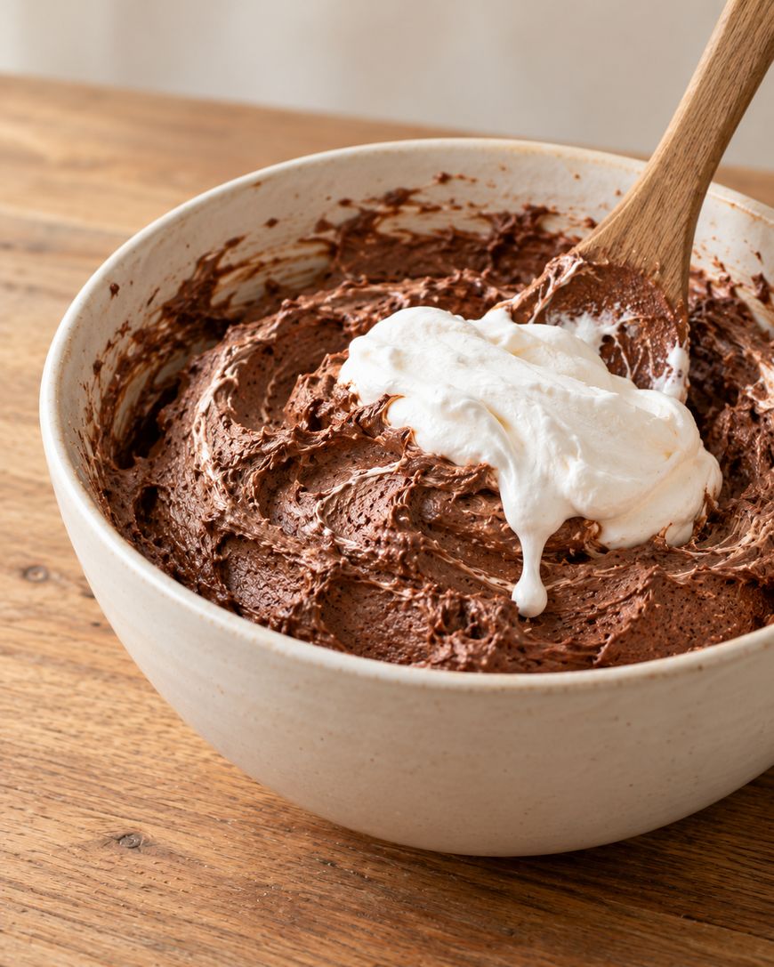 A wooden spoon folds a dollop of white whipped cream into a bowl of chocolate mousse.