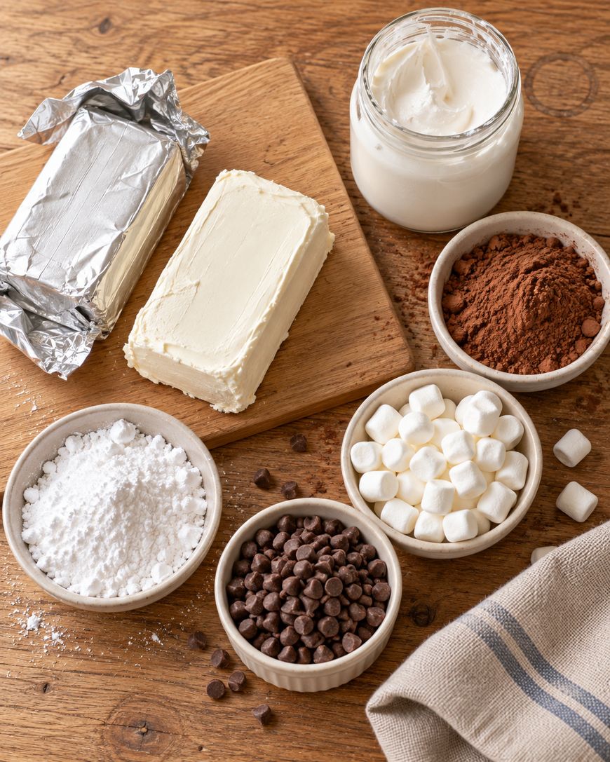 Ingredients for baking on a wooden surface, including a block of cream cheese, a jar of frosting, powdered sugar, cocoa powder, mini marshmallows, and chocolate chips.