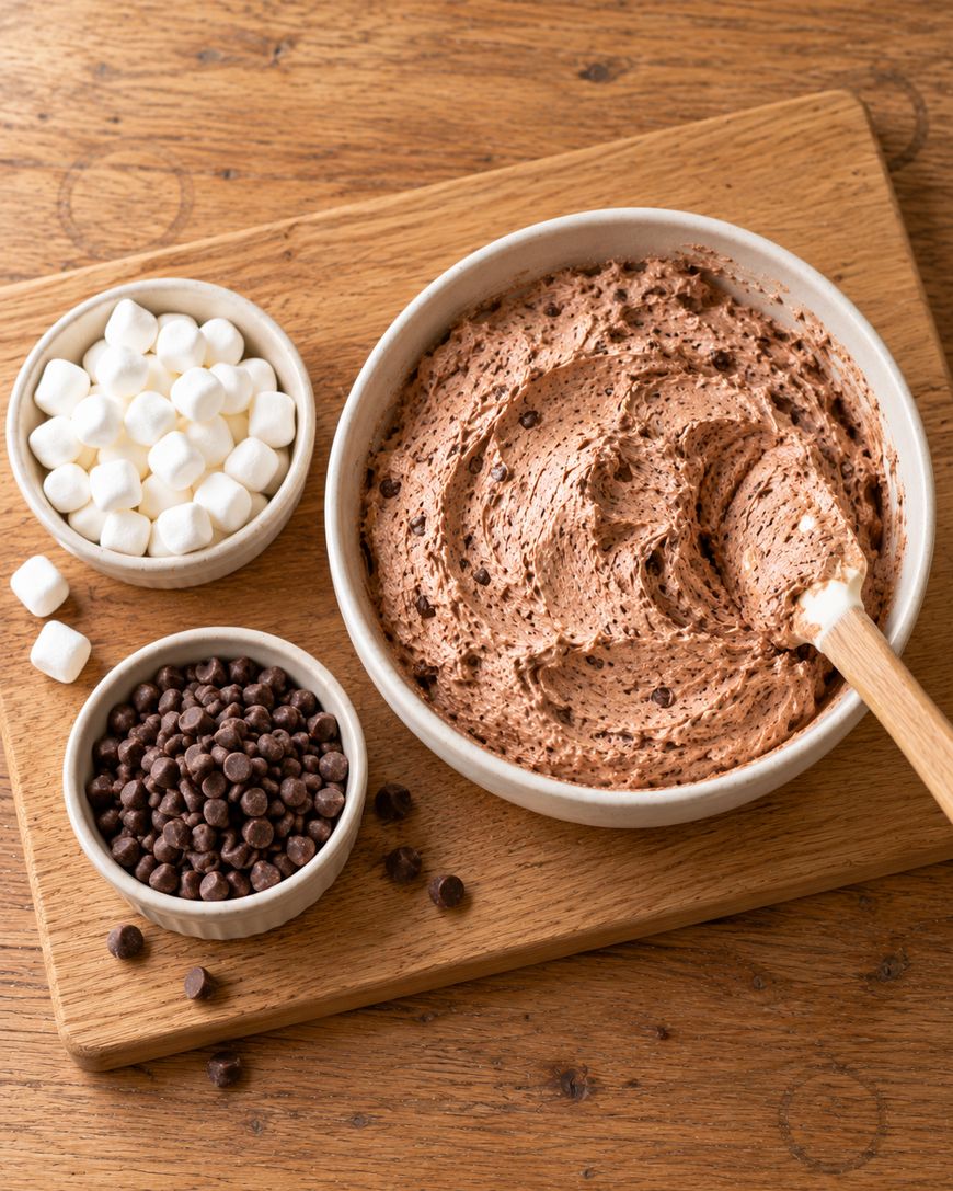 A bowl of whipped chocolate dip with a spatula, next to small bowls of mini marshmallows and chocolate chips on a wooden board.