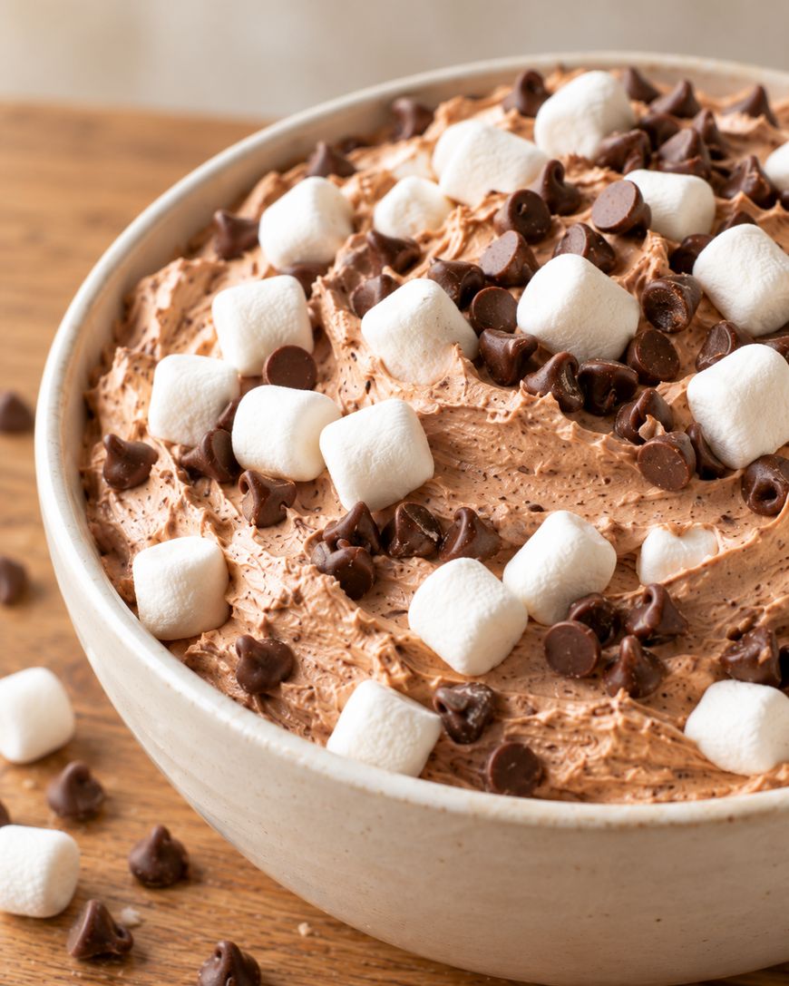 A bowl of chocolate dip topped with miniature marshmallows and chocolate chips.