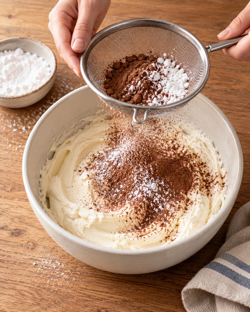 Hands sift cocoa powder and powdered sugar through a fine-mesh strainer into a bowl of creamy frosting.