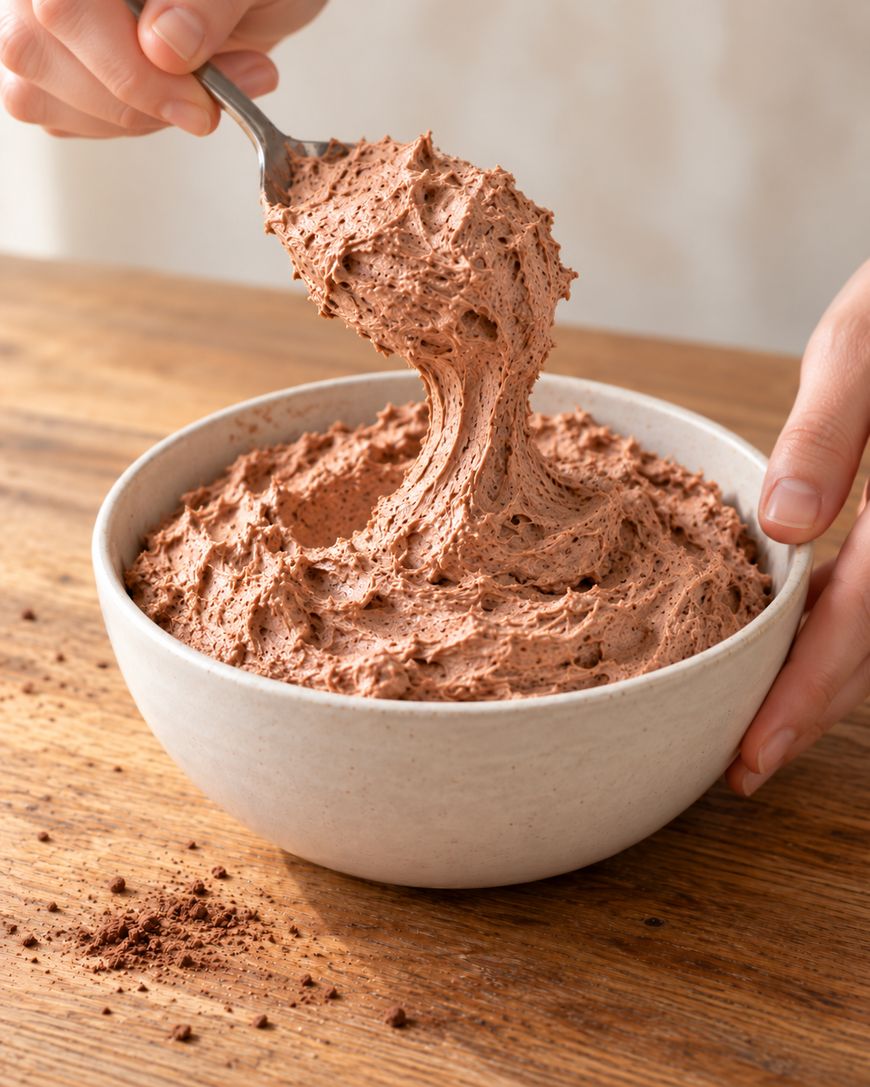 A spoon lifts a dollop of thick chocolate frosting from a bowl.