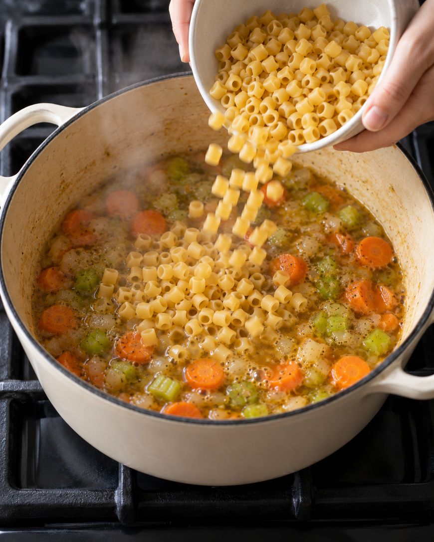 Hands pouring small ring-shaped pasta from a bowl into a steaming pot of vegetable soup.