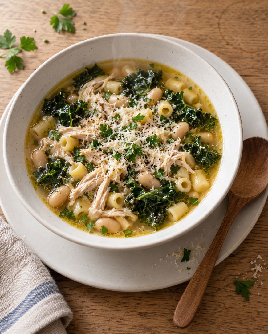 A bowl of chicken, white bean, and kale soup with pasta, topped with grated cheese and parsley, served with a wooden spoon.
