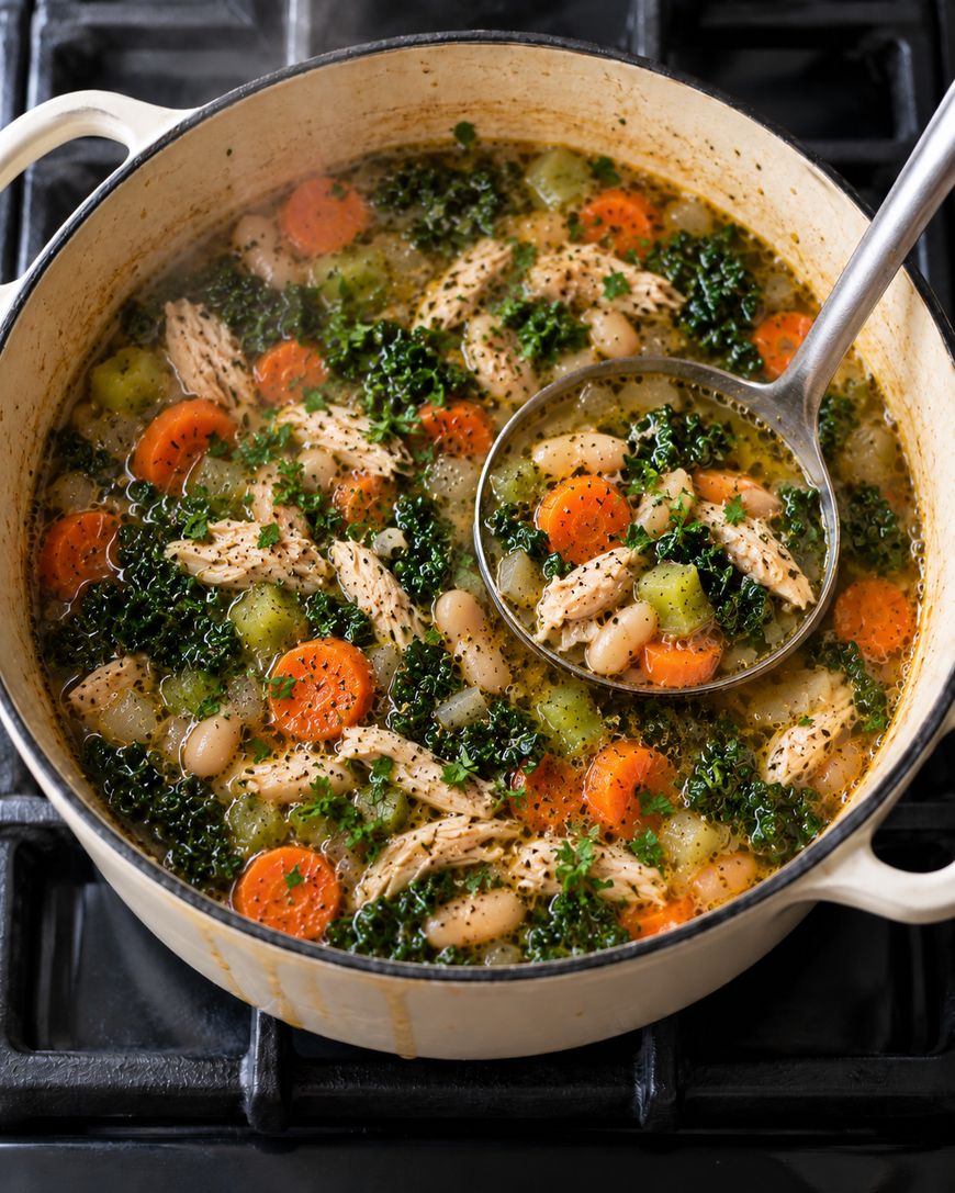 A metal ladle scoops chicken and white bean soup with kale and sliced carrots from a pot on a stovetop.
