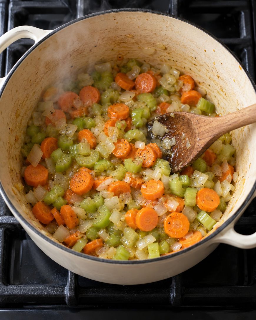 A wooden spoon stirs a mixture of sautéed diced carrots, celery, and onions in a Dutch oven on a stovetop.