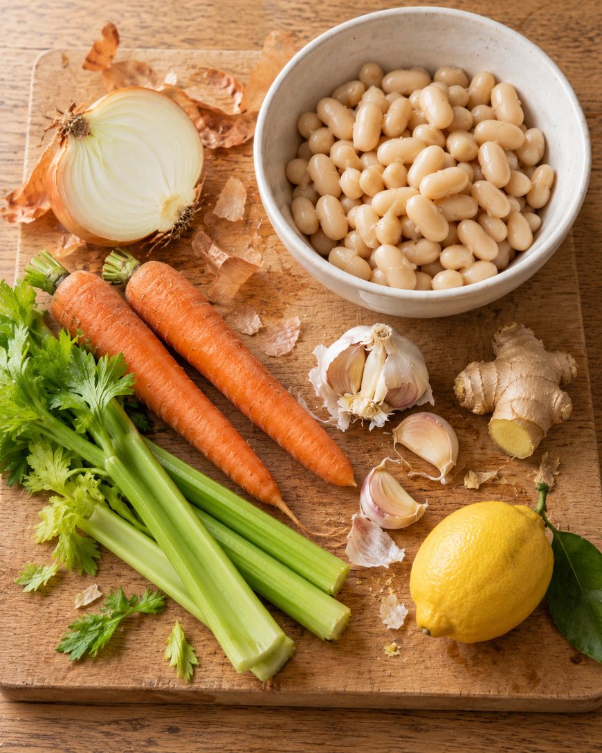 A wooden cutting board with a bowl of white beans, a halved onion, two carrots, celery stalks, garlic cloves, ginger root, and a lemon.