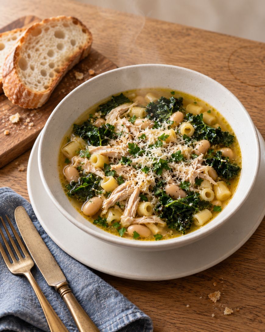 A bowl of chicken, white bean, and kale soup with pasta, topped with grated cheese and herbs, served with slices of bread.