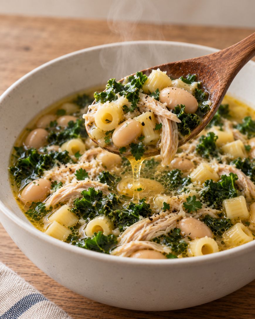 A wooden spoon lifts a bite of chicken, kale, white bean, and pasta soup from a steaming bowl.