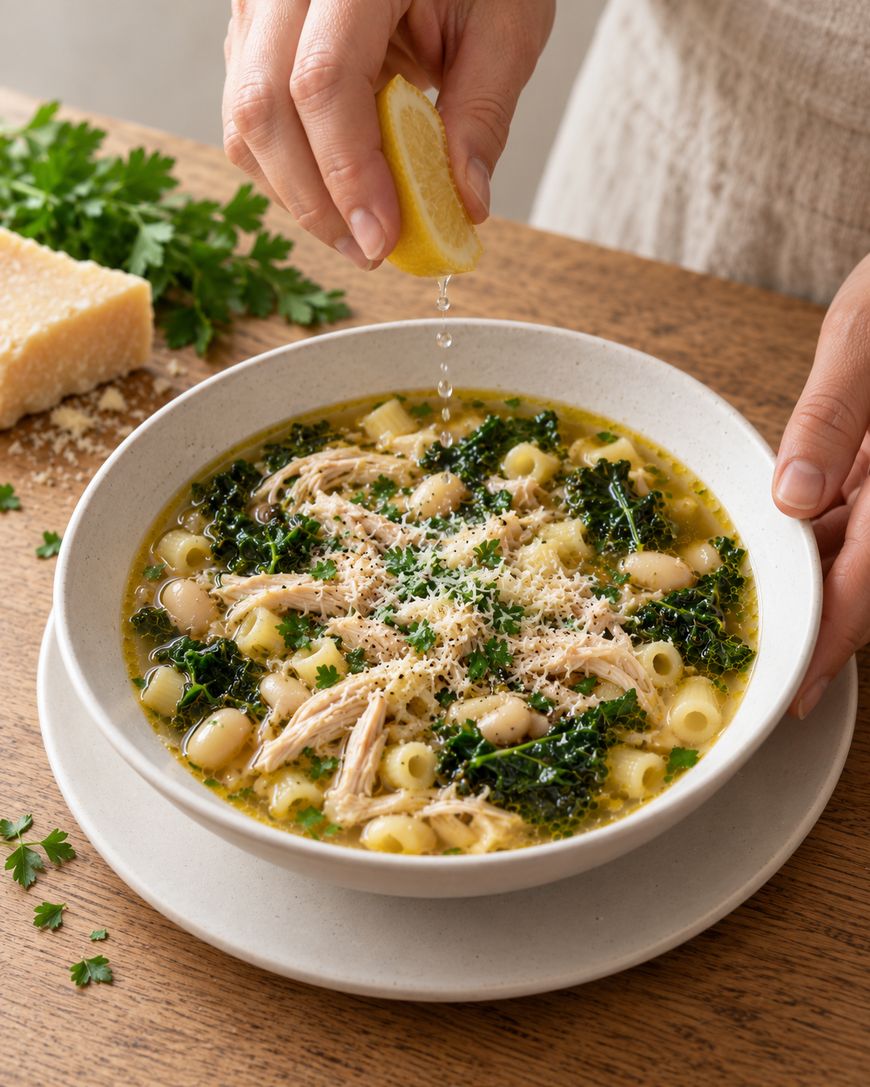 A hand squeezes a lemon wedge over a bowl of chicken, kale, and pasta soup topped with grated cheese.