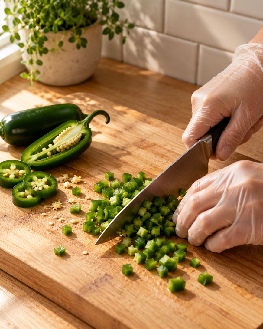 Hands in clear gloves use a knife to dice a jalapeño on a wooden cutting board.