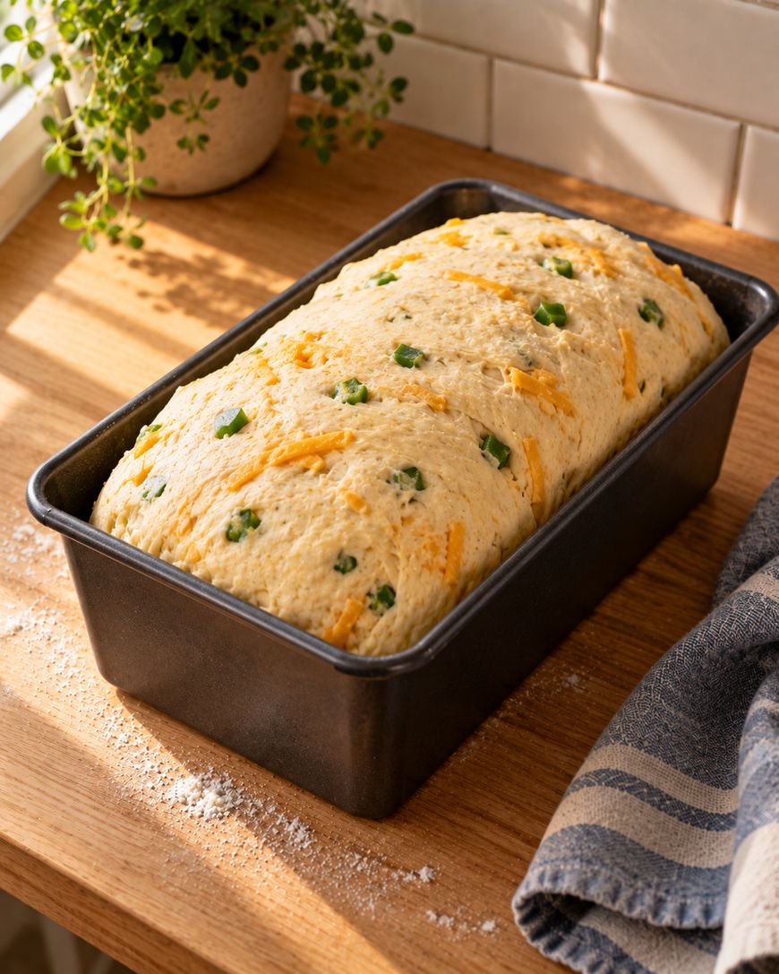 A loaf of unbaked dough studded with shredded cheese and green jalapeño pieces in a metal loaf pan on a wooden counter.