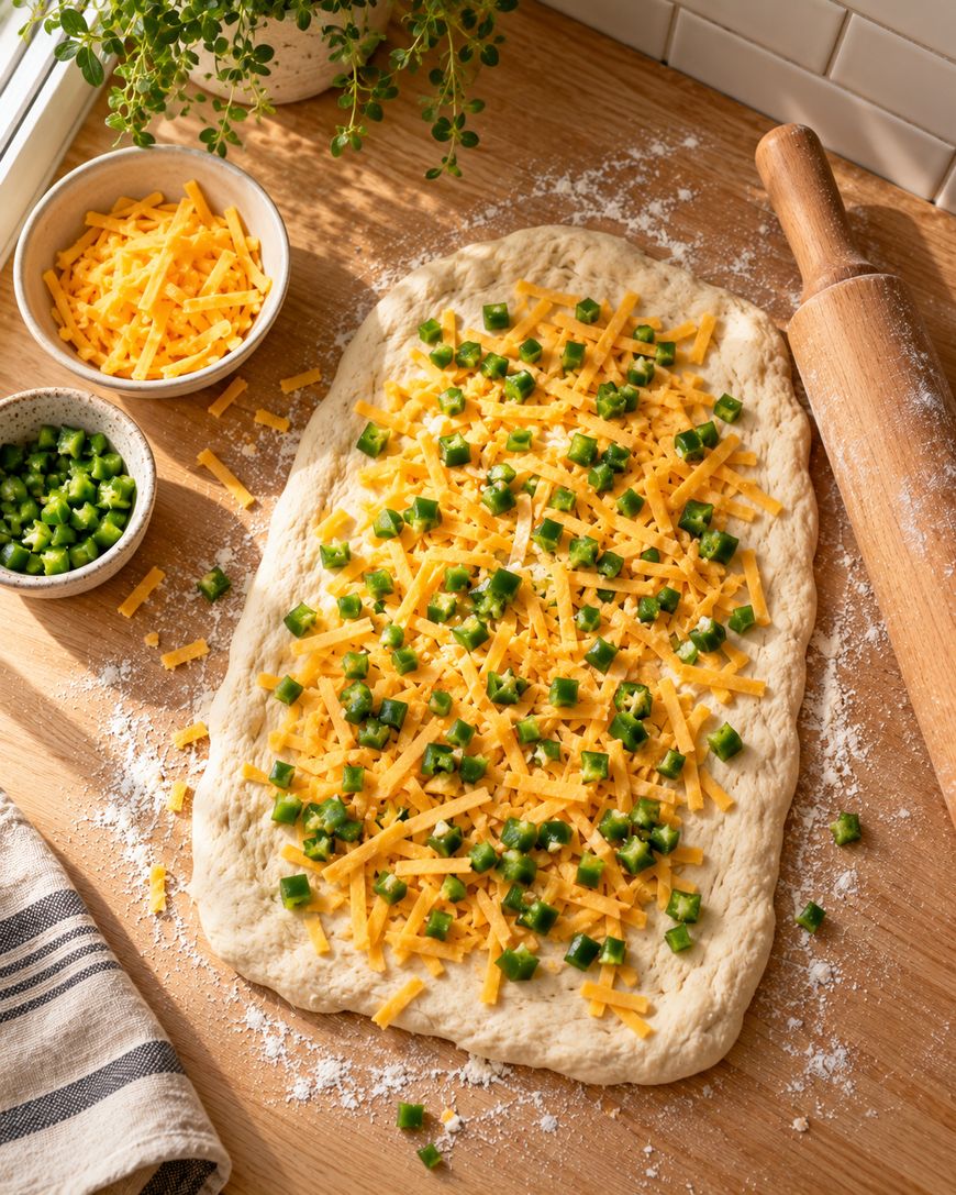 A rectangle of bread dough on a wooden board, topped with shredded cheddar cheese and diced green jalapeños, with a rolling pin and small bowls of the toppings nearby.