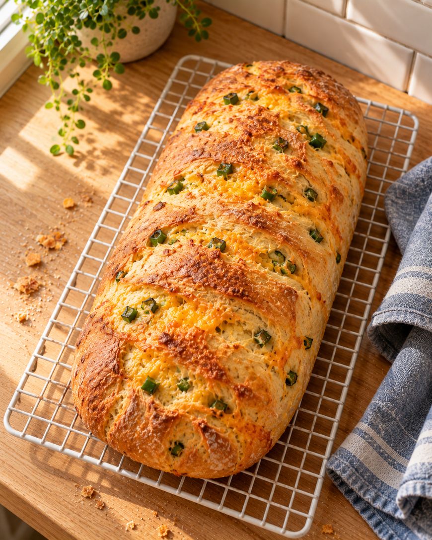 A loaf of jalapeño cheddar bread cooling on a wire rack next to a striped kitchen towel.