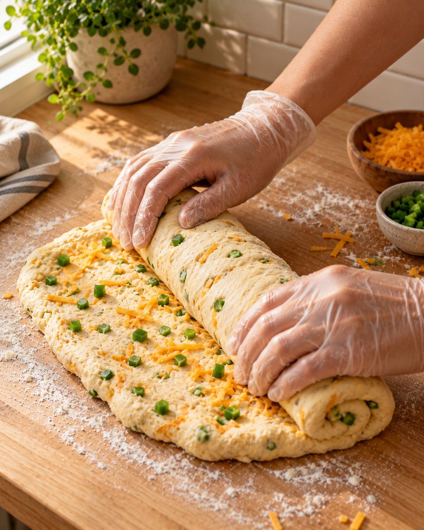 Hands wearing plastic gloves roll a flat piece of dough topped with shredded cheese and chopped green peppers on a floured wooden surface.