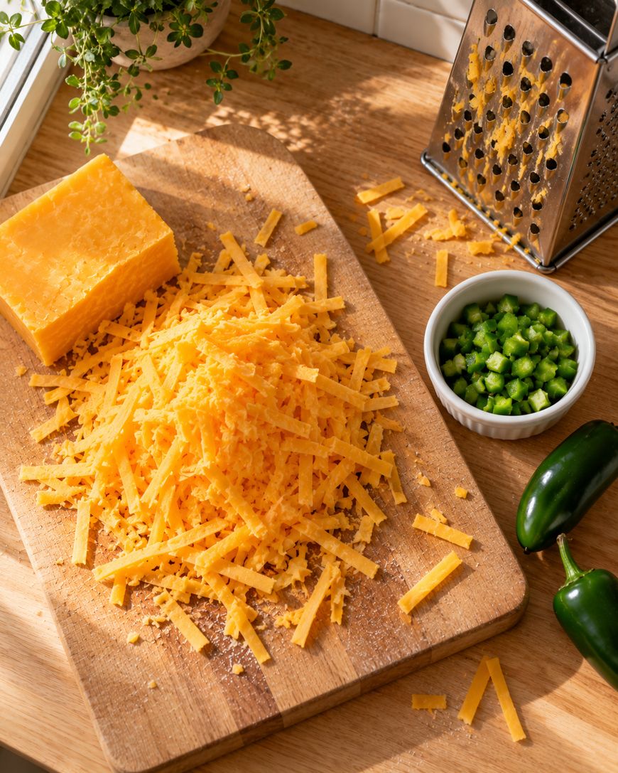 A block of cheddar cheese, a pile of shredded cheese, a metal grater, a small bowl of diced jalapeños, and two whole jalapeños on a wooden cutting board.