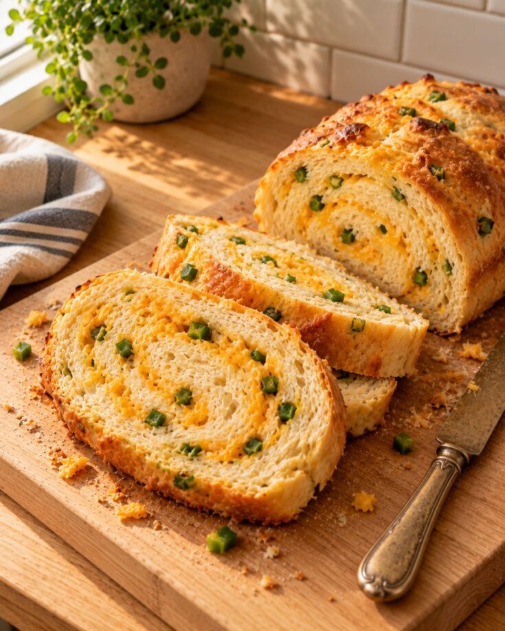 A loaf of jalapeño cheddar bread on a wooden cutting board, with two slices cut to reveal the cheese and pepper swirl.