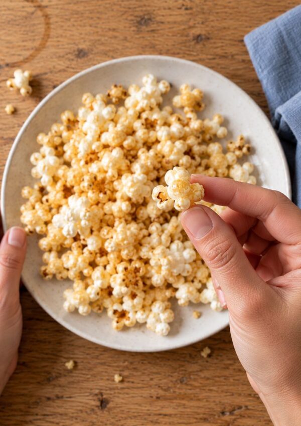 A hand holds a piece of caramel popcorn over a plate filled with more popcorn on a wooden table.