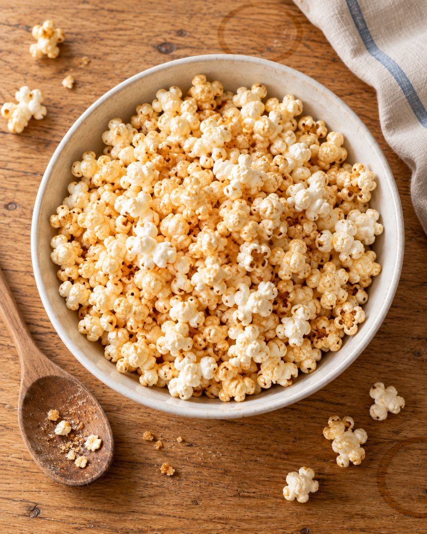 A bowl filled with caramel-coated popcorn sitting on a wooden surface next to a wooden spoon and a cloth napkin.