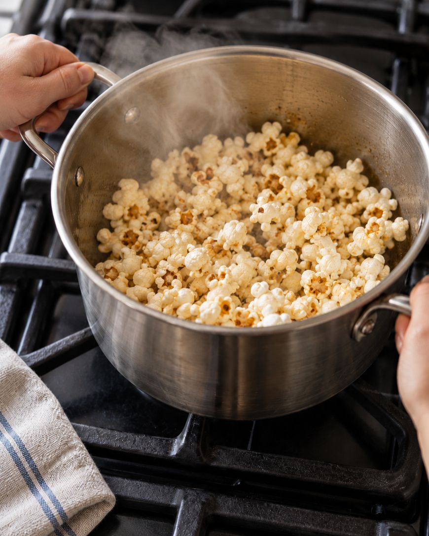 Hands holding a metal pot of steaming popcorn on a stovetop.