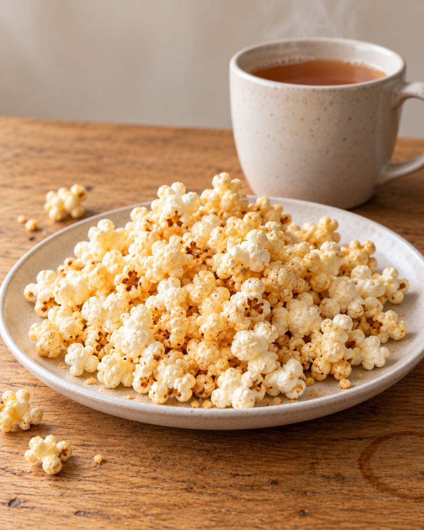 A plate piled high with popcorn next to a mug of tea on a wooden surface.