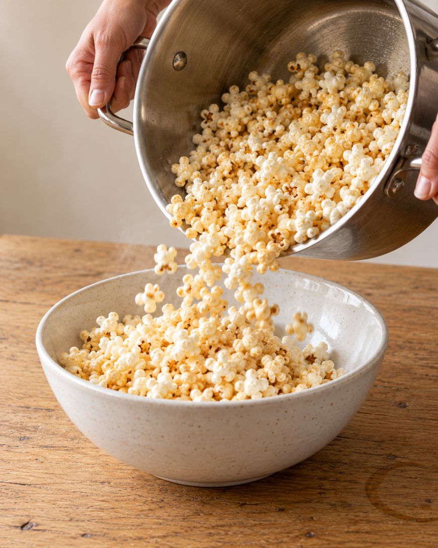 Hands pouring popcorn from a metal pot into a ceramic bowl on a wooden table.