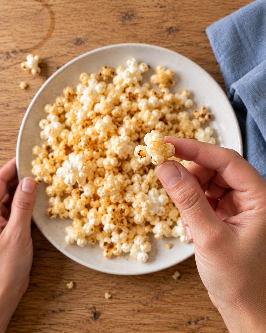 Hands holding a plate of caramel popcorn, with one piece held up between fingers.