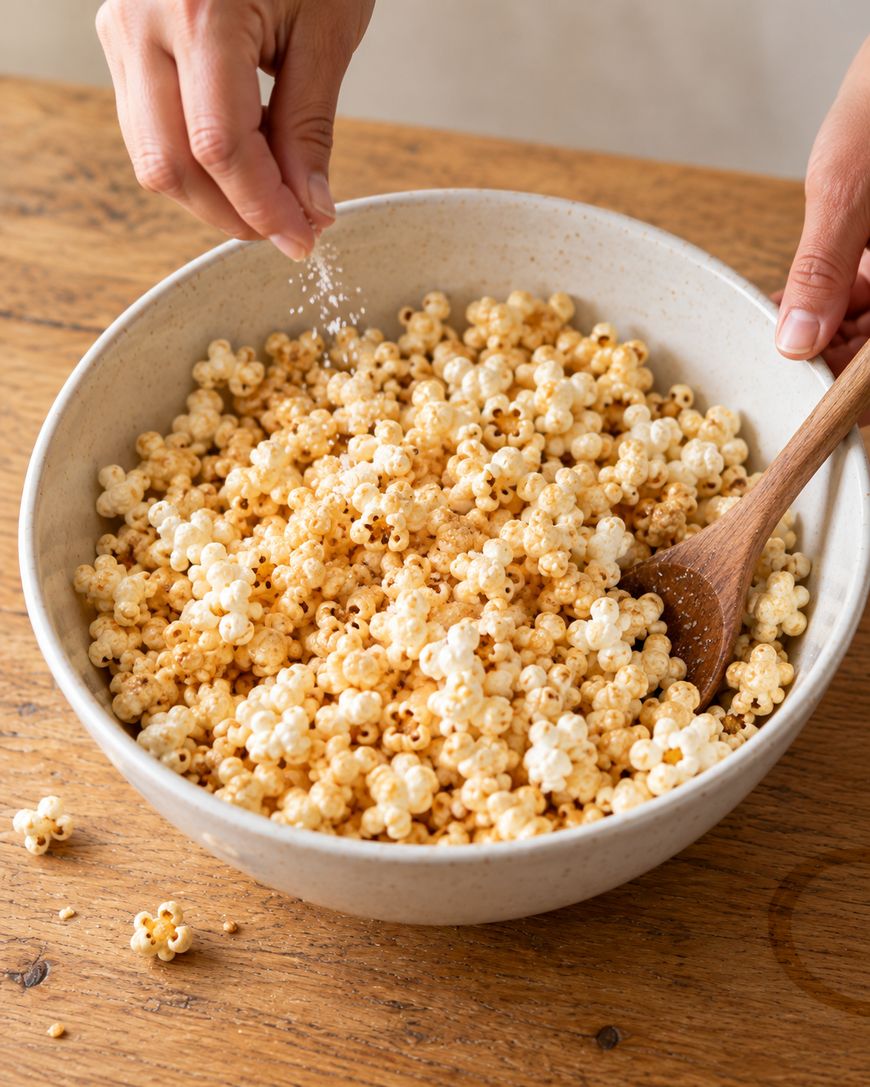 Hands sprinkling salt over a large bowl of puffed grain snack with a wooden spoon.
