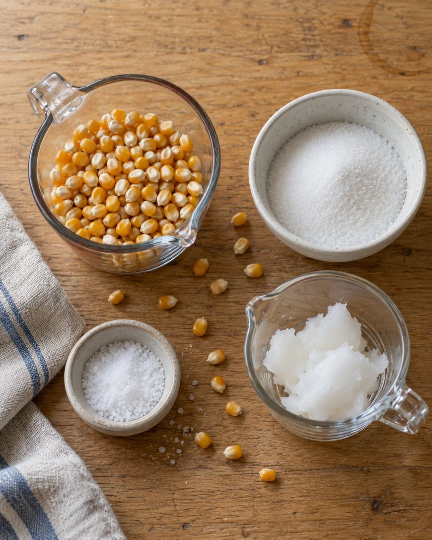 Ingredients for popcorn including unpopped kernels, sugar, salt, and coconut oil arranged on a wooden surface.