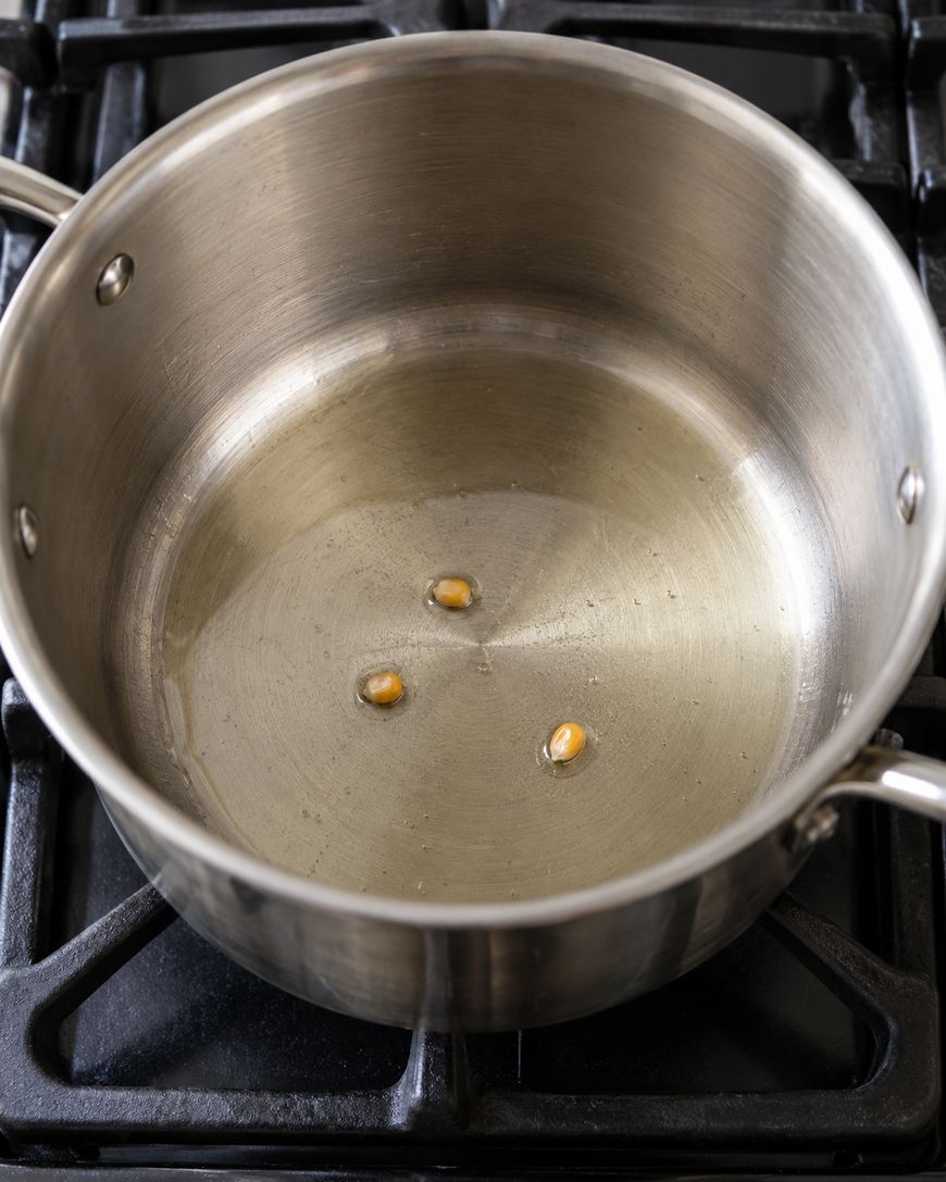Three popcorn kernels in a stainless steel pot with oil on a stovetop.