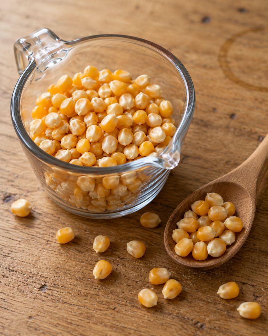 A glass measuring cup filled with unpopped popcorn kernels, with a wooden spoon holding a small pile of kernels nearby on a wooden table.