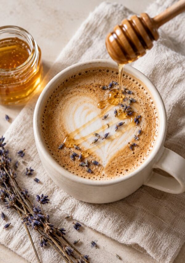 A honey dipper drizzles honey into a lavender-topped latte in a mug, beside a small jar of honey and dried lavender sprigs.