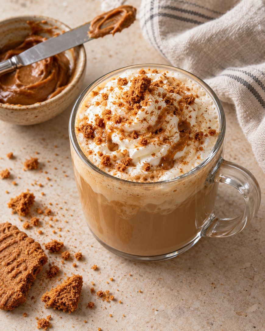 Glass mug of coffee topped with whipped cream, cookie crumbles, and a drizzle of cookie butter, with a small bowl of cookie butter and a broken cookie nearby.