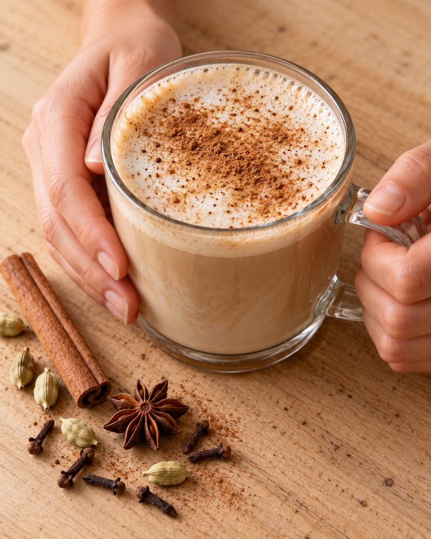 Two hands hold a glass mug of spiced latte topped with cinnamon powder, with a cinnamon stick, star anise, cardamom pods, and cloves scattered on the table.