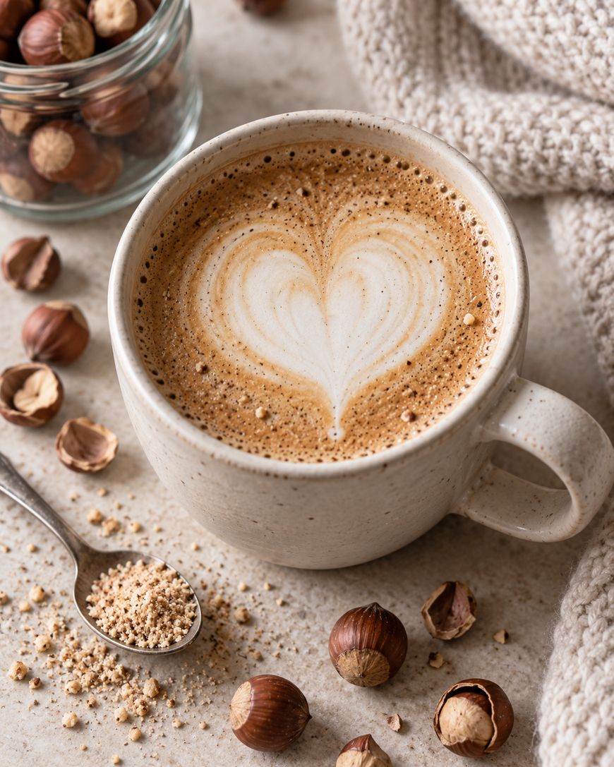 A ceramic mug of latte with heart-shaped foam art, surrounded by whole and crushed hazelnuts and a spoon.