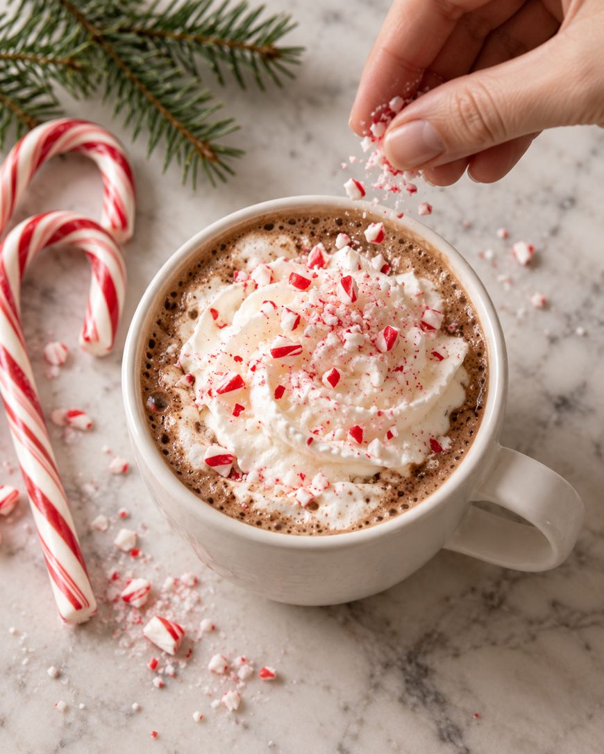 A hand sprinkles crushed peppermint over a mug of hot chocolate topped with whipped cream, with candy canes and a pine sprig nearby.