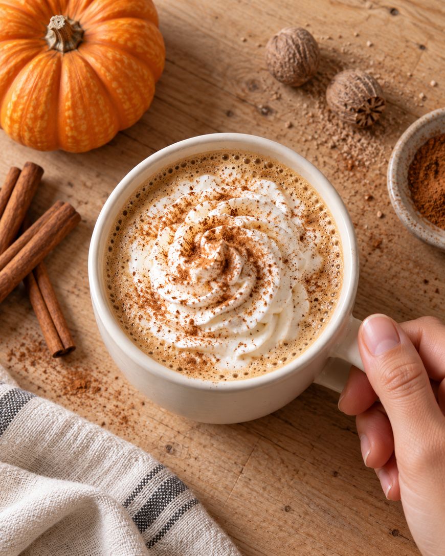 A hand holding a mug of coffee topped with whipped cream and cinnamon, surrounded by a pumpkin, cinnamon sticks, and nutmeg on a wooden table.
