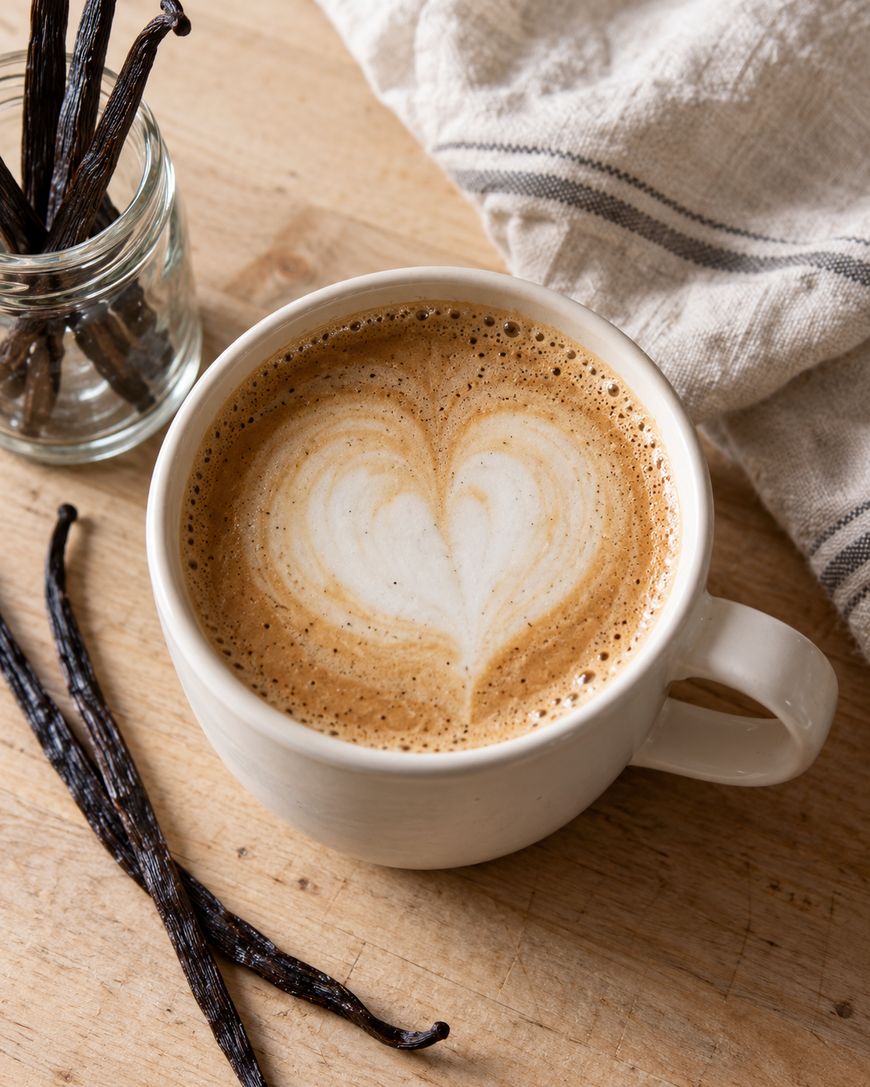 A cup of latte with heart-shaped foam art, accompanied by a small jar of vanilla beans and two loose vanilla beans on a wooden surface.