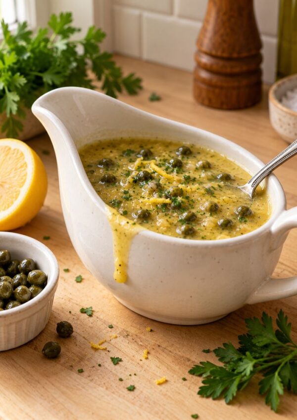 A white gravy boat filled with lemon caper sauce, served with a small bowl of capers and a halved lemon on a wooden cutting board.