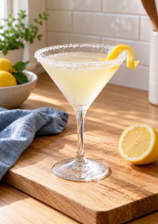 A martini glass filled with a pale yellow cocktail with a sugar-rimmed edge and a lemon twist garnish, sitting on a wooden cutting board next to a halved lemon.